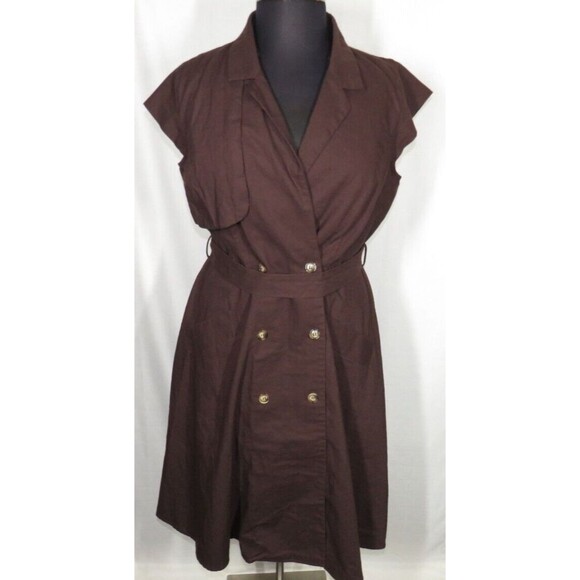 City Chic Women's Brown Linen Blend Button Front Belted Dress Plus Size 18 - Picture 4 of 12